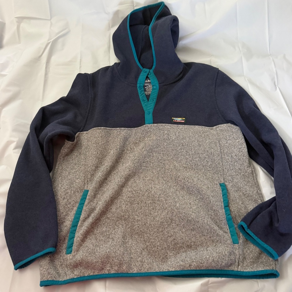 LL Bean Mens Sweater Fleece Hoodie Large Navy Gray Teal Colorblock Snap Pullover
